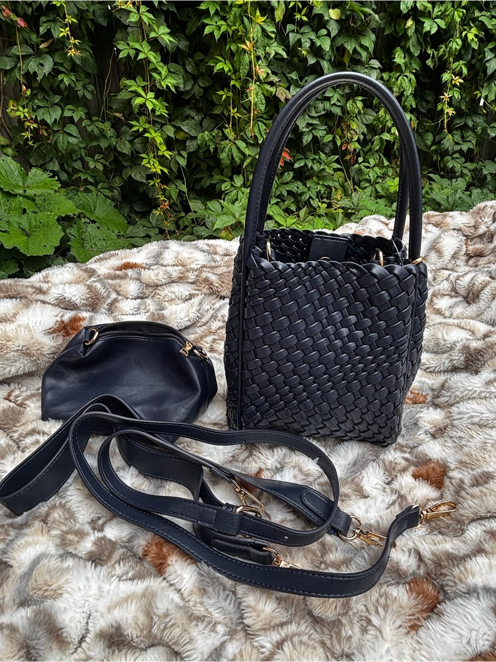 Anthropologie Navy Mini Woven Bag gold hardware